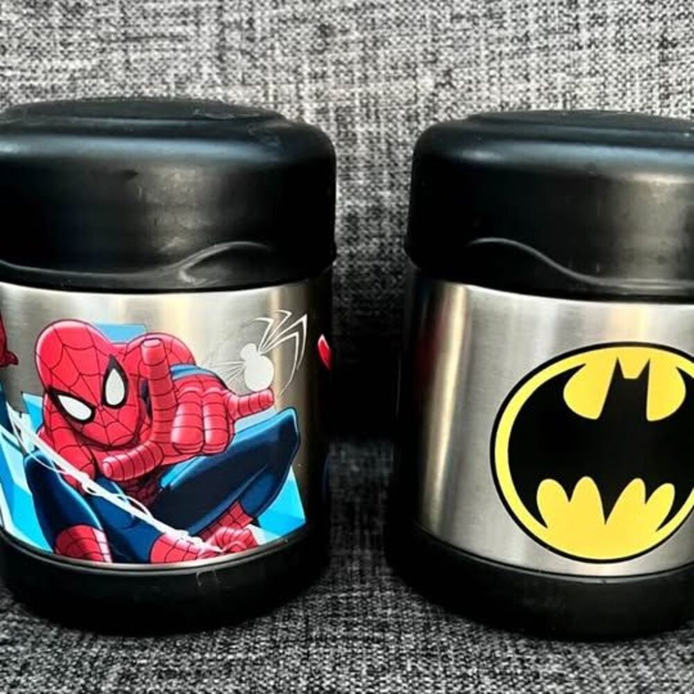 2- DC Comics Stainless Steel Thermos Brand Thermoses 10oz  - Batman & Spiderman